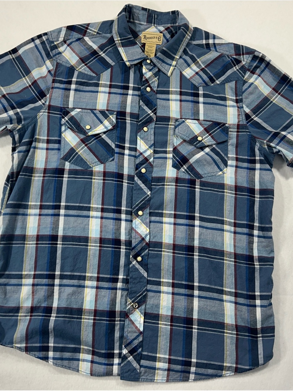 Roebuck & Co Western Shirt Mens XL Blue Plaid Pearl Snap Short Sleeve Cotton